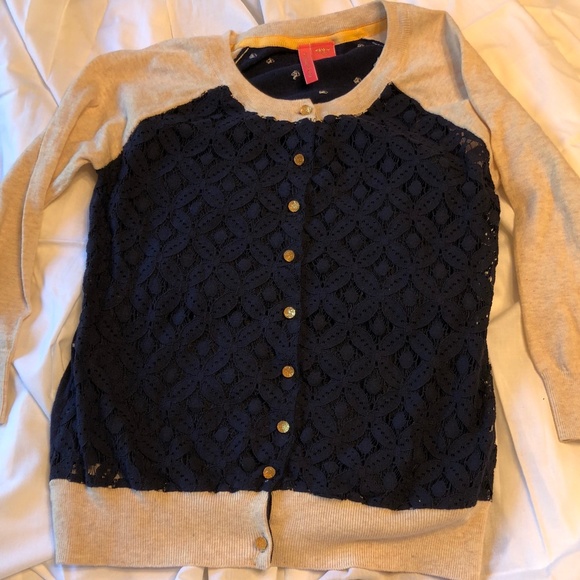 Cardigan navy blue/tan, lace, gold buttons - Picture 2 of 7